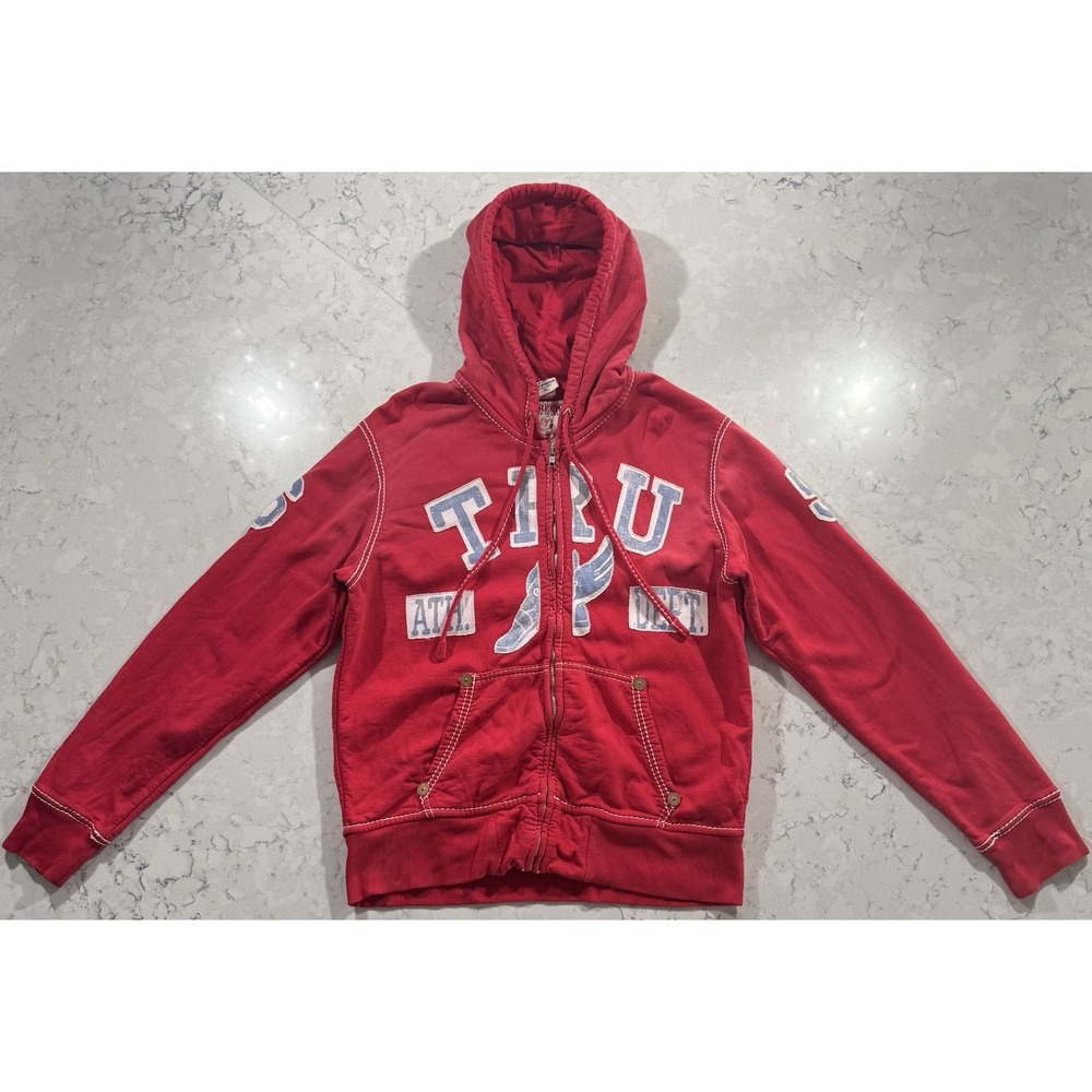 VTG True Religion Hoodie Mens XL Red Full Zip Fleece Sweatshirt Y2K M177G40